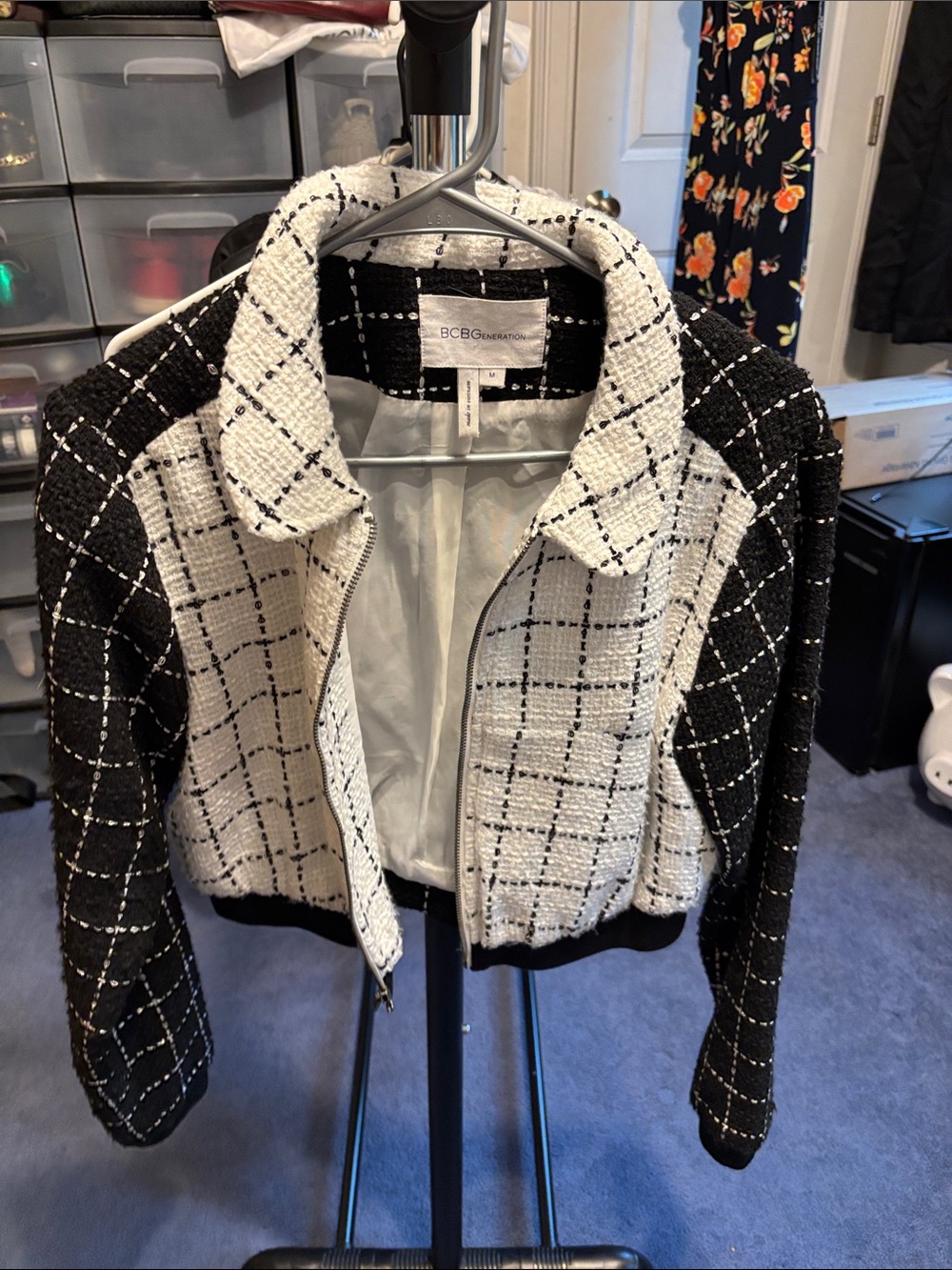 BCBGeneration Black & White Checked Tweed Zip-Front Jacket
